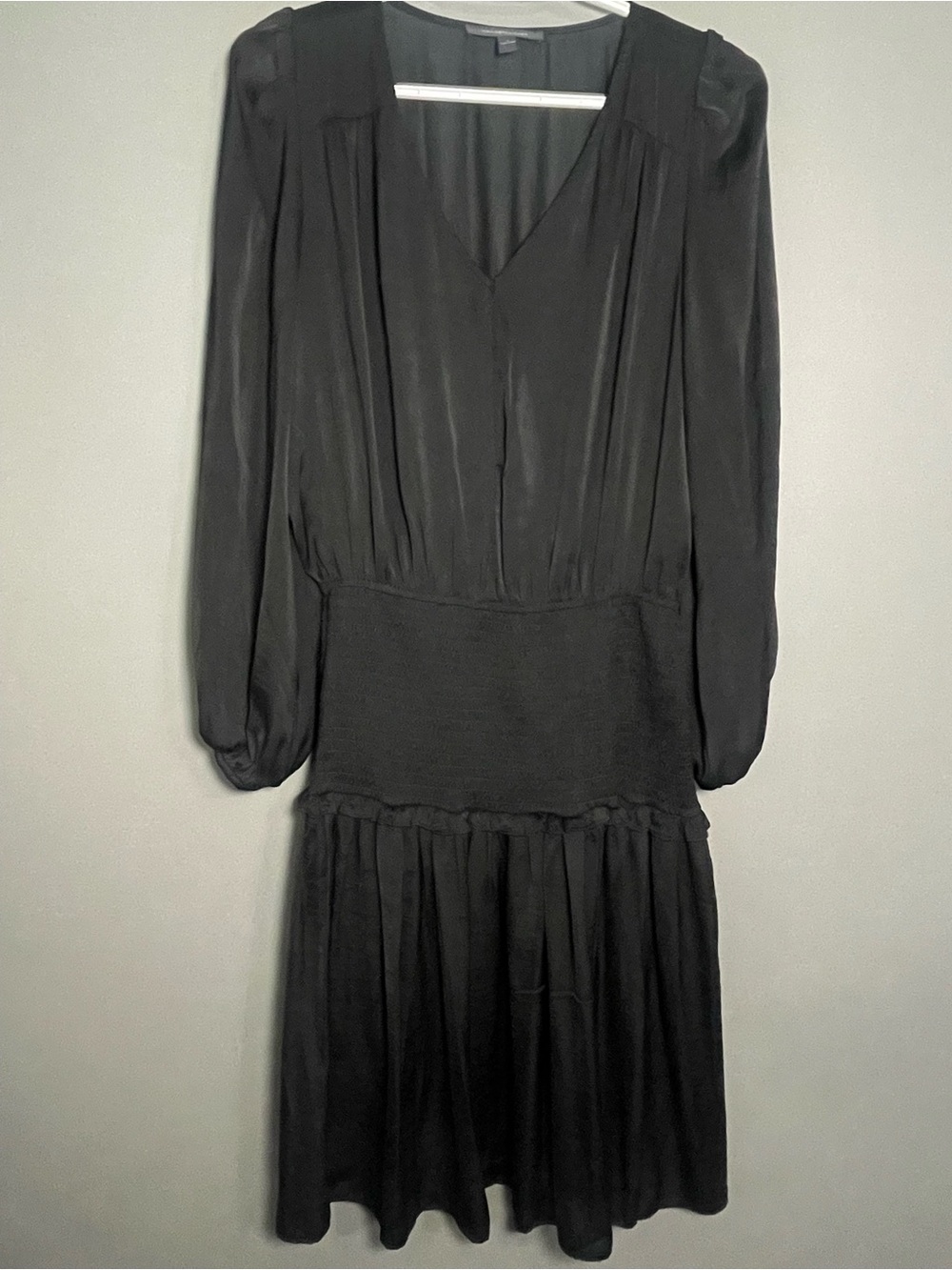 Grade & Gather Black Satin Smocked Waist Midi Dress Long Sleeve Gothic Chic S